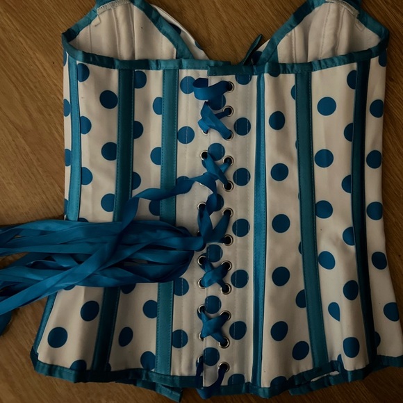 Corset Story | UNIQUE Steel-Boned Cyan Polkadot Halter Overbust Corset, US4, NWT - Picture 15 of 16